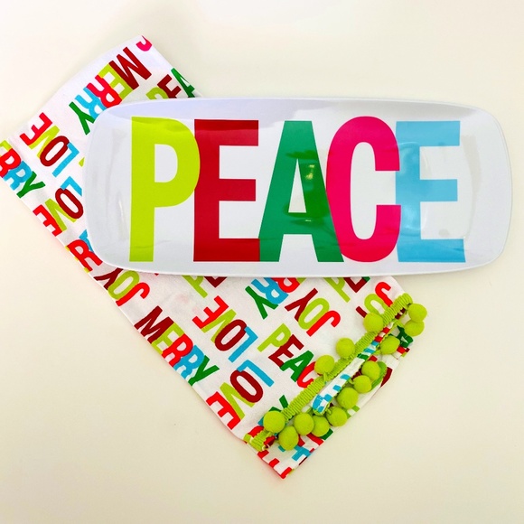 PEACE adorable Melamine tray and kitchen towel set. NEW